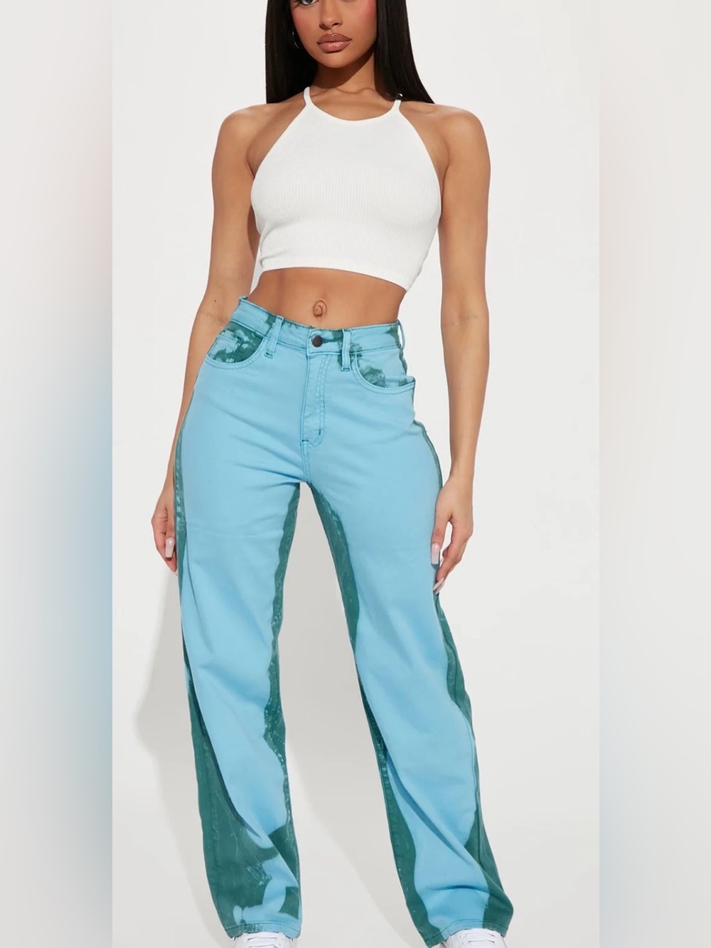 NWT fashion nova Two-Tone Aqua straight Leg Jeans - Blue/Green size 3